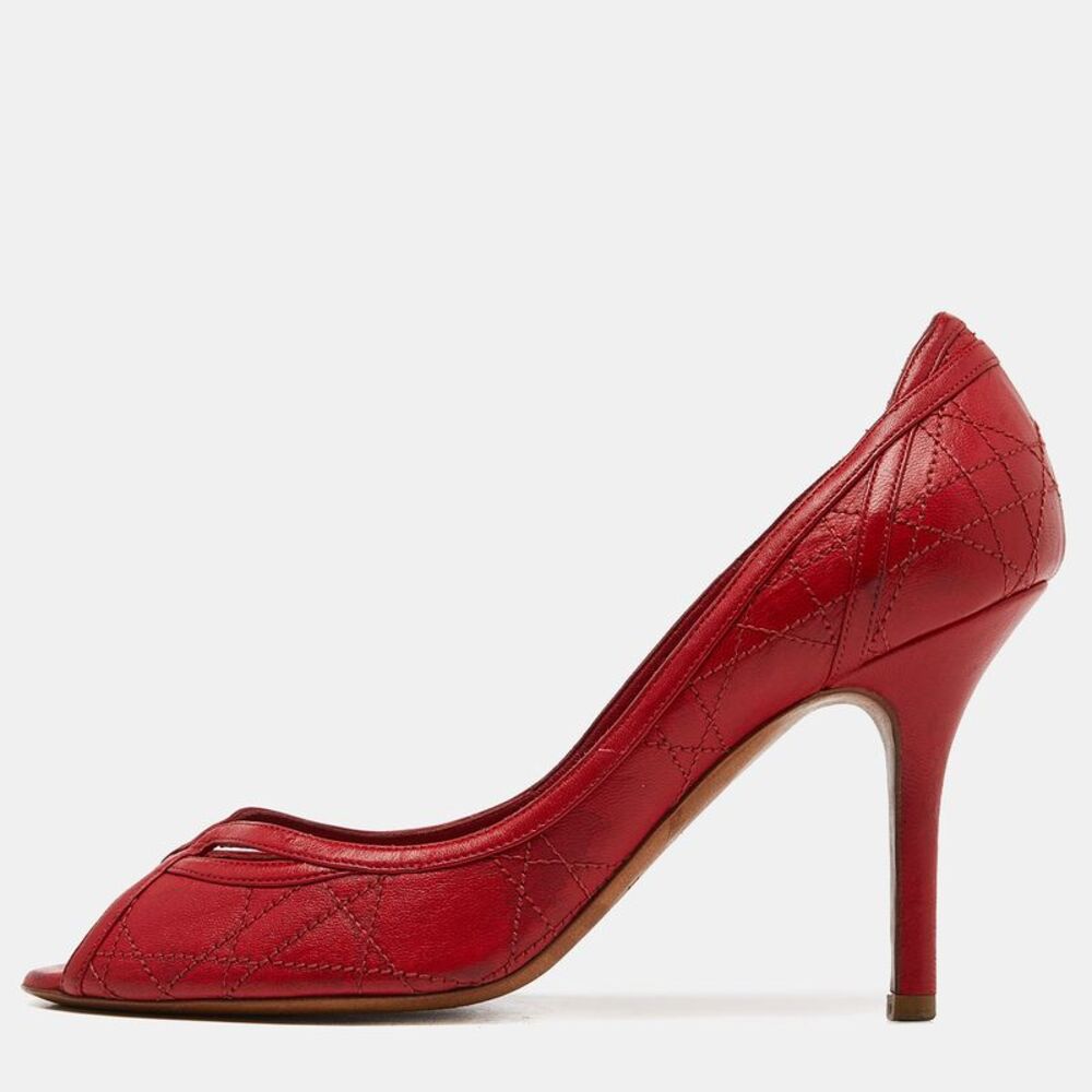 Dior Red Cannage Leather Peep Toe Pumps Size 38.5